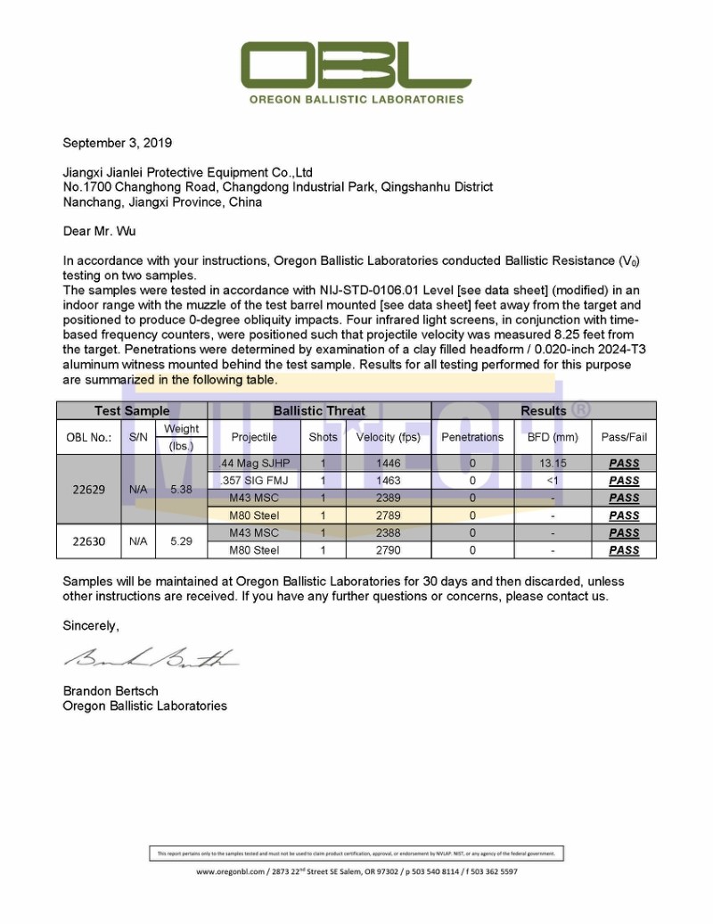 Ballistic Helmet OBL NIJ III+ 0101.07 RF1 Test Report 1